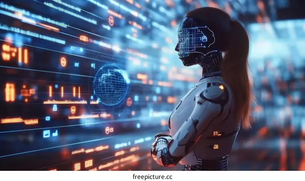 Futuristic AI Female Robot in Digital World