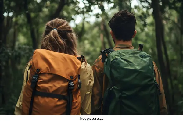 Couple Hiking in the Forest with Backpacks