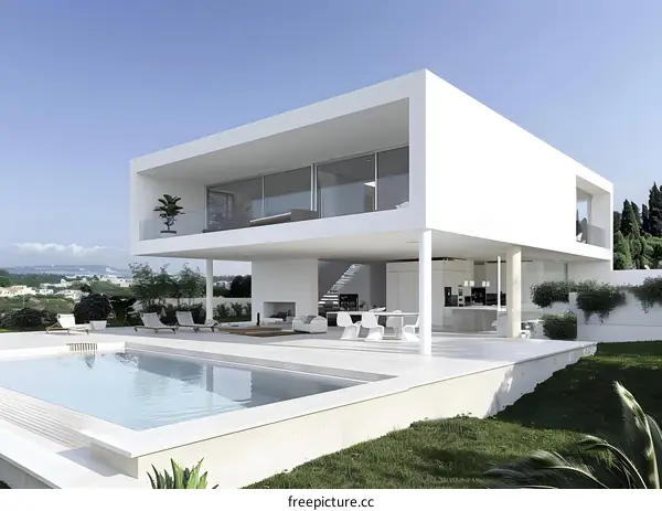 Modern White House With Swimming Pool And Lush Green Landscape