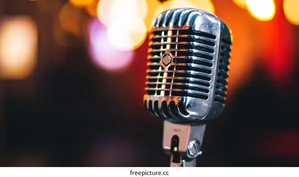 Retro silver microphone on stage with blurred lights in the background