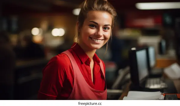 Portrait of a smiling young woman wearing a red apron standing in a supermarket