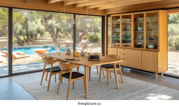 Modern Wooden Dining Room with Pool View