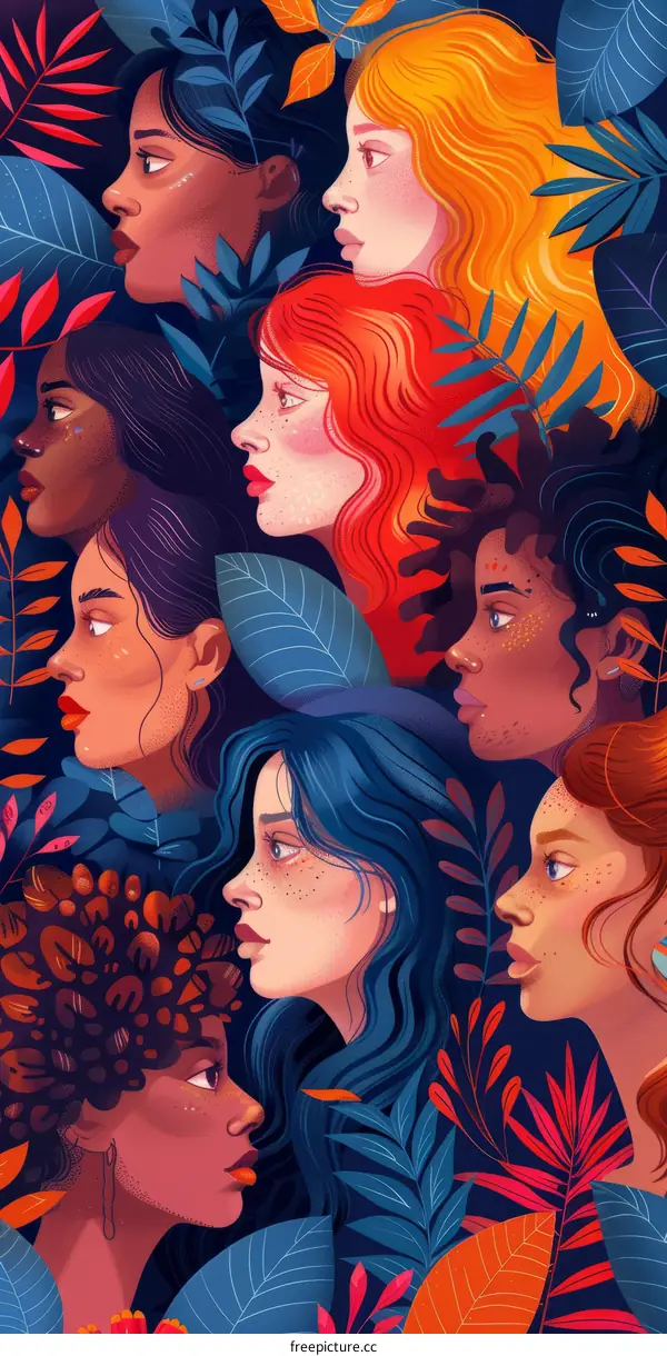 Illustration of diverse women with different skin tones and hair colors