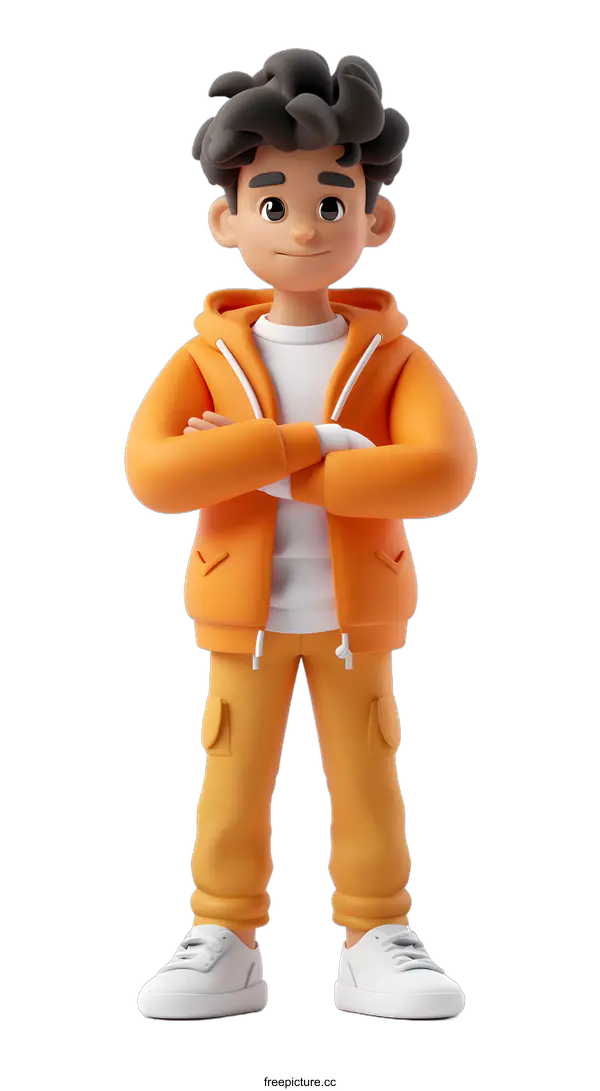 [Transparent Background PNG]3D Cartoon Illustration of a Young Man Wearing an Orange Hoodie