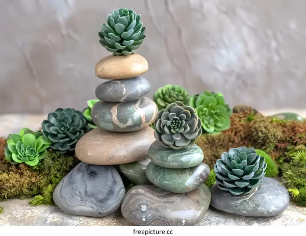 Zen Garden Stone Stack With Succulents