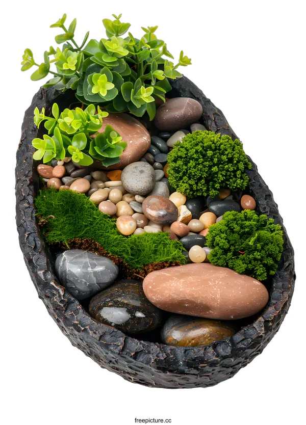 [Transparent Background PNG]Decorative Mini Zen Garden with Pebbles and Green Plants