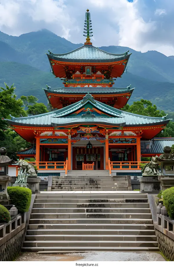 A photo of a Japanese temple with a mountain in the background