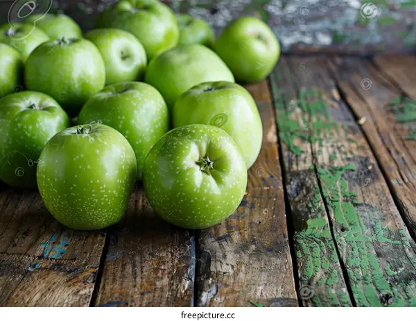 A Pile of Green Apples on a Wooden Table