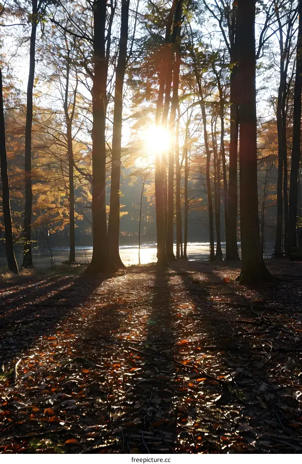 Sun Shining Through Trees In Autumn Forest