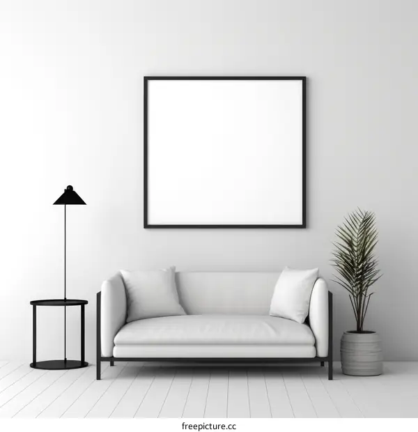 Black and white interior with sofa, table, lamp and plant