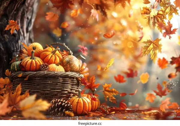Vibrant Fall Foliage with Pumpkins