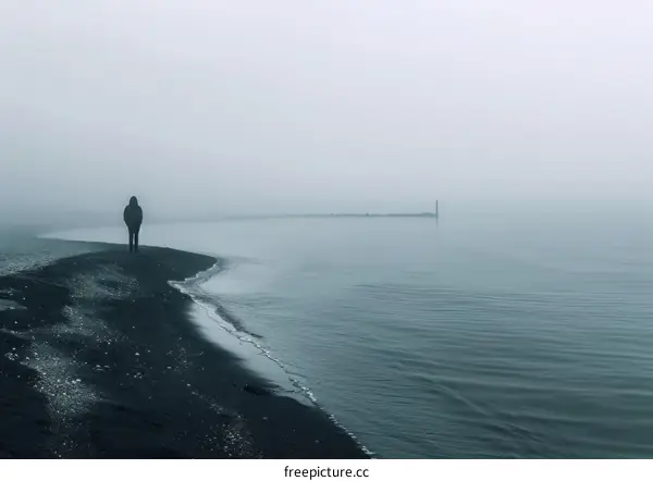 Lonely Man Walking on a Beach With a Lighthouse in the Distance