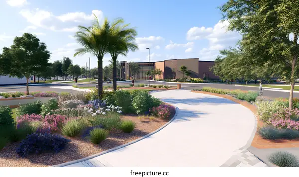 Landscaped Pathway and Building Exterior with Palm Trees