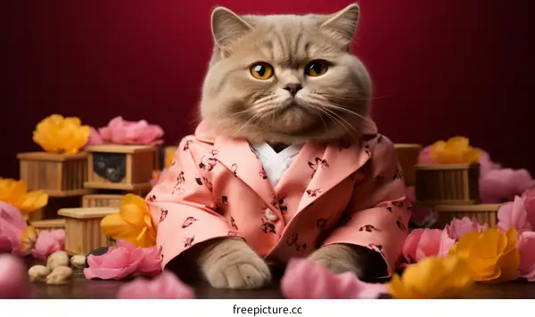 An adorable gray cat wearing a formal pink suit sits in front of a bold red backdrop
