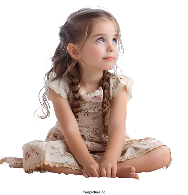 [Transparent Background PNG]Little Girl with Braids Looking Up