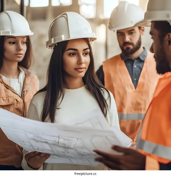 Group of Construction Workers Looking at Building Plans