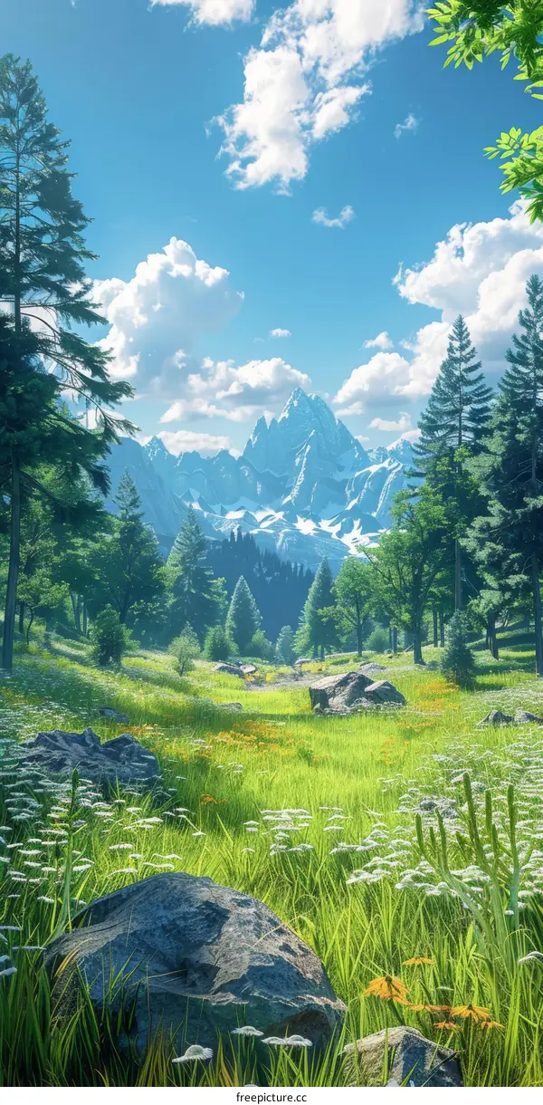 An Enchanting Mountain Landscape Adorned with Rocks and Flowers