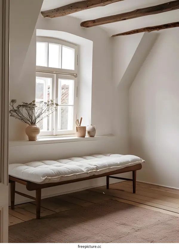 White Bench With Wooden Legs And Cushions In A Modern Interior Design Room