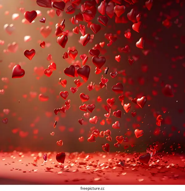 Falling red heart-shaped confetti