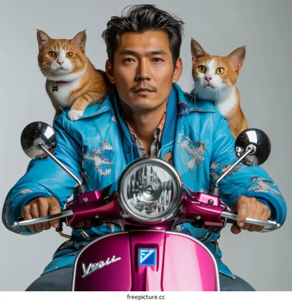 Asian man with cats on his shoulder sitting on a pink motorcycle