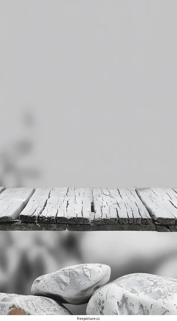 Grey Wooden Plank Tabletop with White Stones and Blurred Background