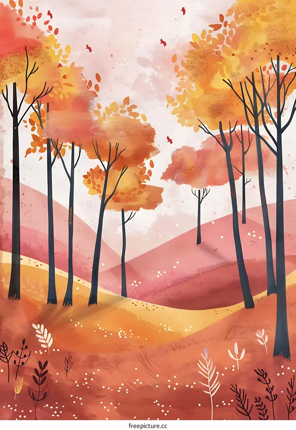 Autumn Landscape With Orange Trees And Hills