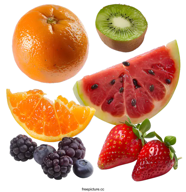 [Transparent Background PNG]Fresh Fruit Assortment with Orange, Kiwi, Watermelon, Strawberry and Berries