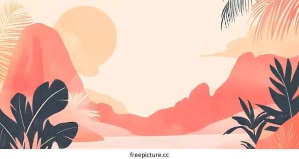 Tropical Landscape Illustration with Mountains, Sun, and Palm Leaves