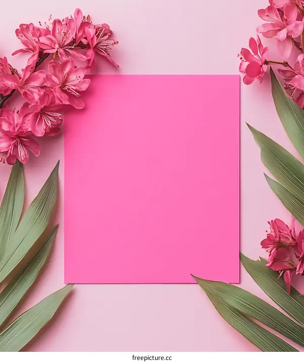 Pink Flowers and Green Leaves on a Pink Background