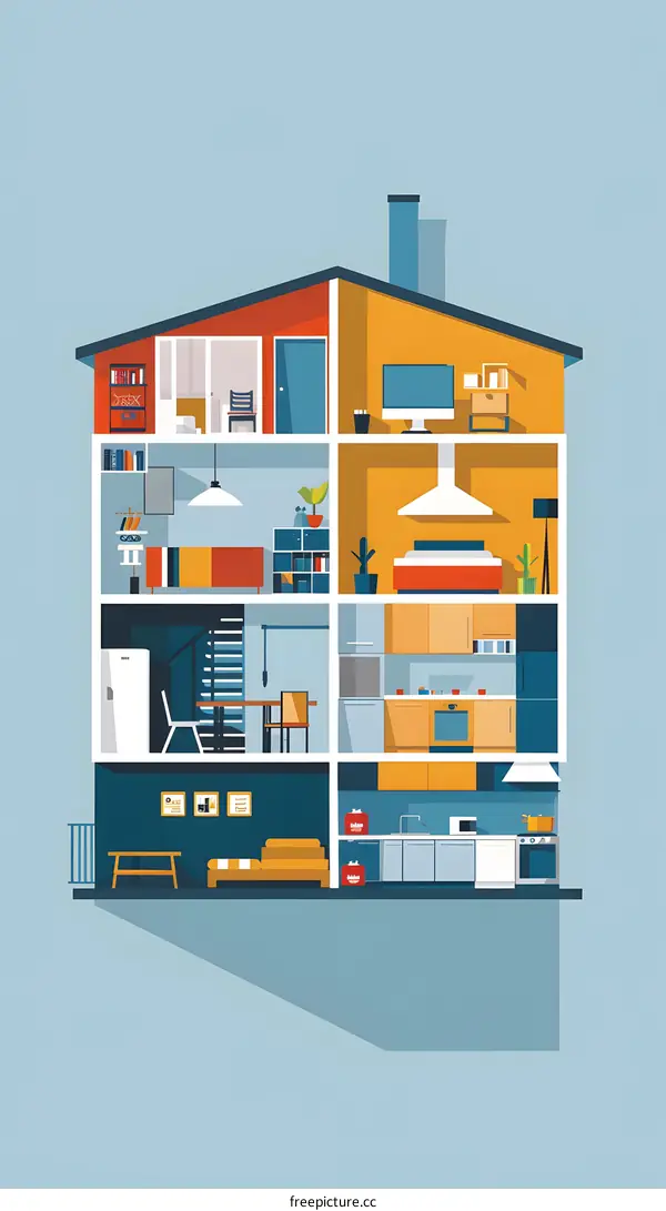 Modern House Interior Design Illustration With Cross Section View
