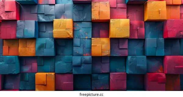 Vivid 3D Rendering of a Geometric Cube Wall with Grunge Texture