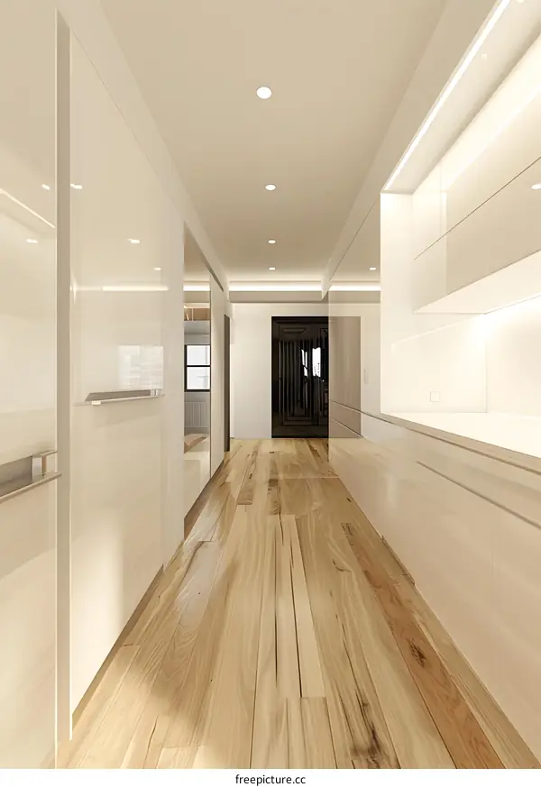 Modern White Kitchen Hallway With Wooden Floor