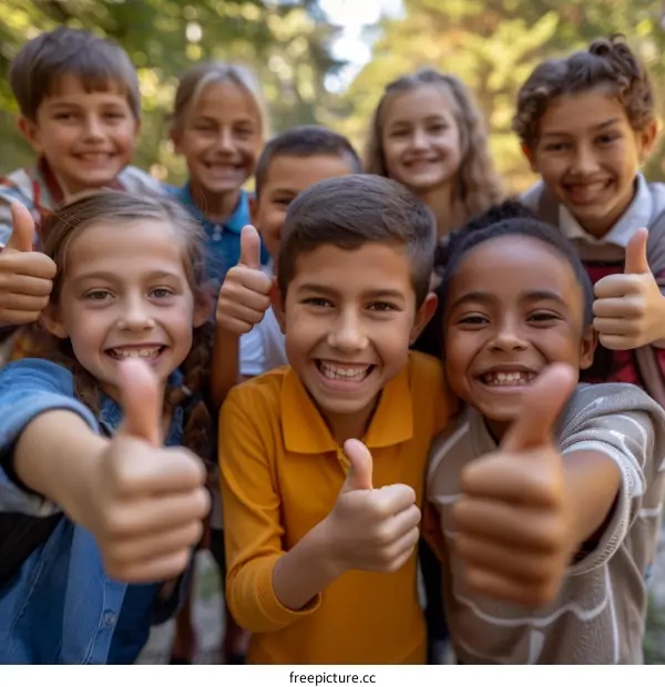 A group of happy and diverse children giving thumbs up