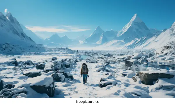 A lone hiker crosses a snowy mountain landscape with jagged snow-covered rocks and distant snow-capped peaks