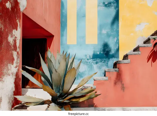 Colorful Wall with a Plant and a Wooden Door