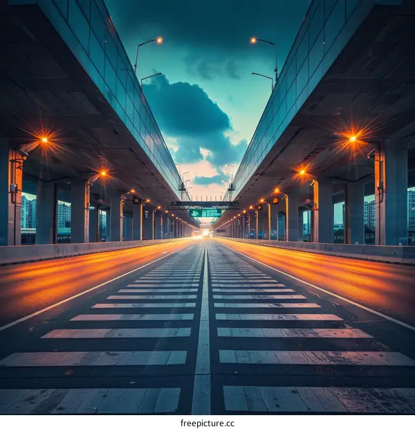The Empty Road Stretches Out Beneath the Overpass at Night