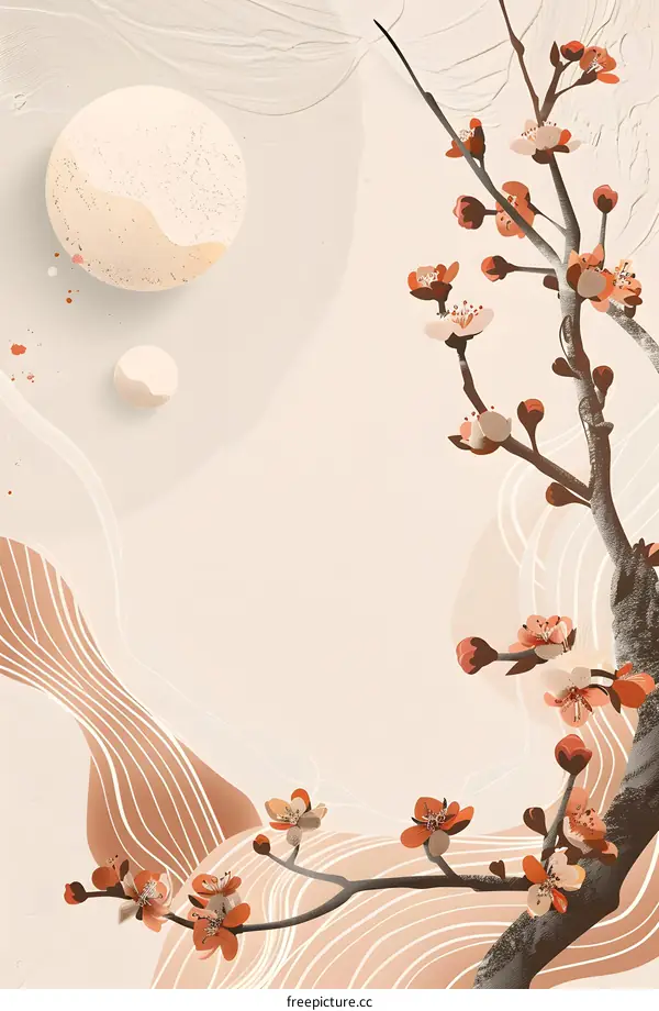 Abstract Minimalist Peach Blossom Branch with Beige Background