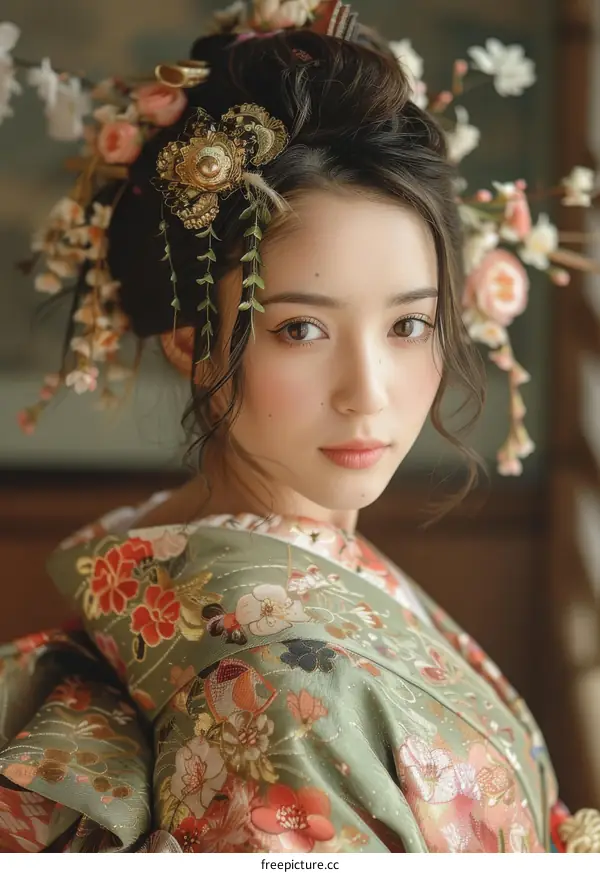 Portrait of a beautiful Japanese woman in traditional kimono