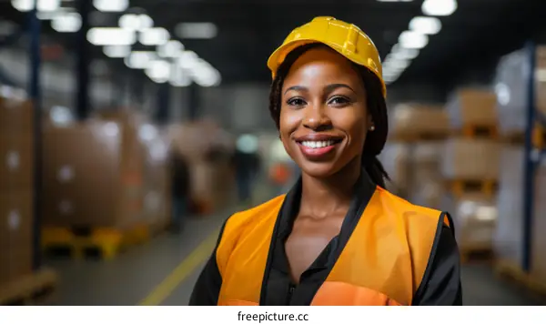 Portrait of a smiling African American woman wearing a hard hat and safety vest in a warehouse