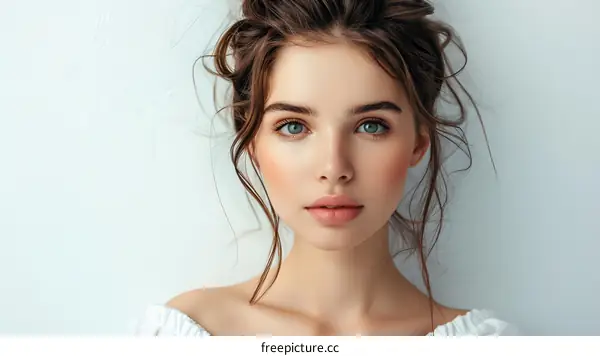 portrait of a beautiful young woman with brown hair and blue eyes