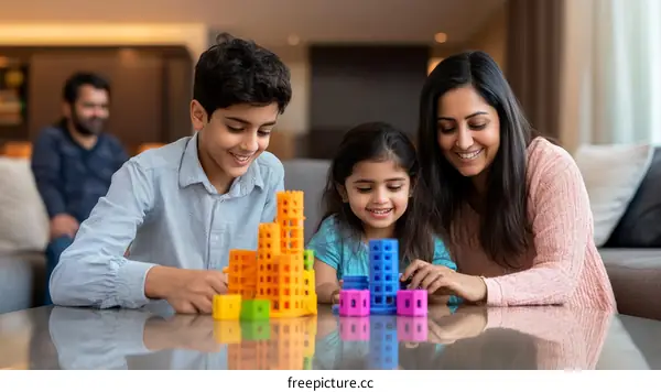 Happy Family Playing with Building Blocks at Home
