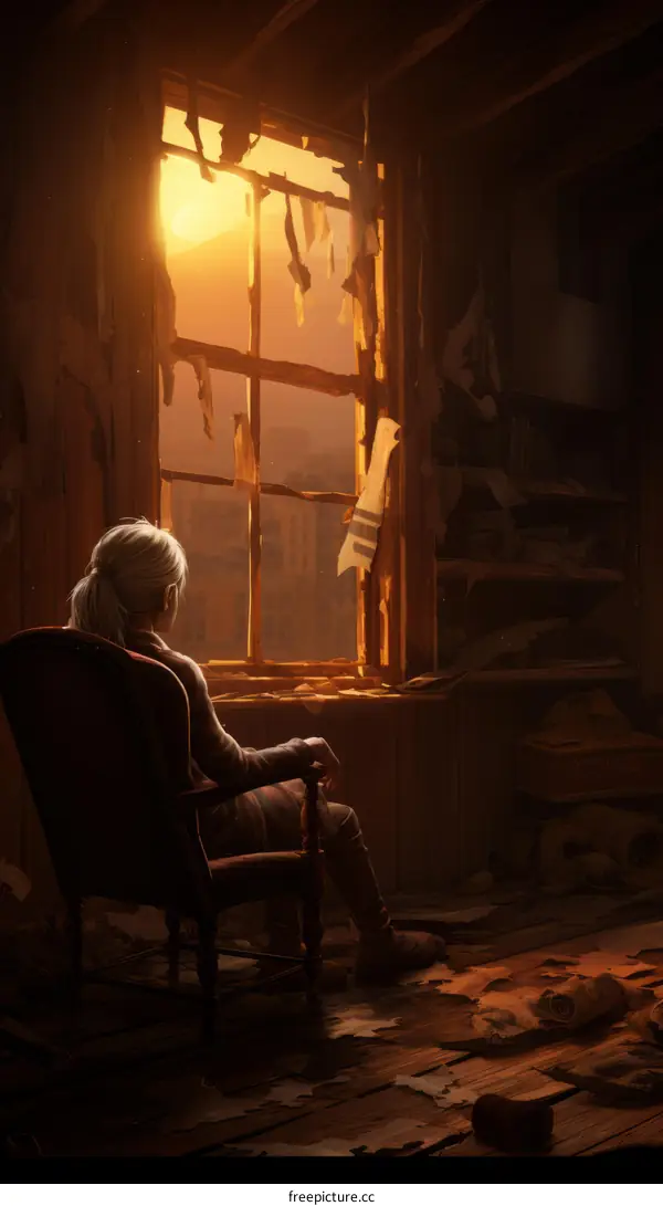 A woman sitting in a chair in a ruined room looking out at the sunset