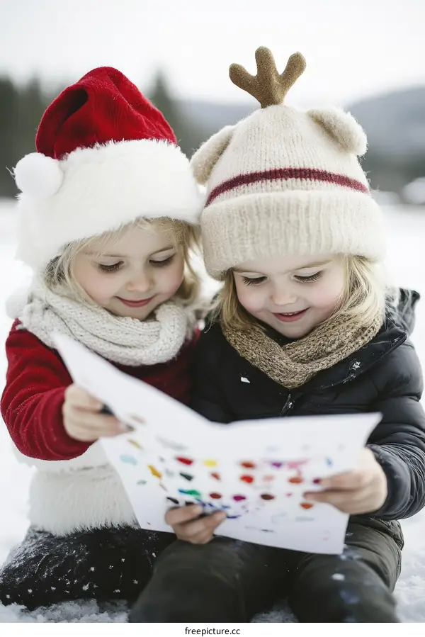 Two Children Reading a Colorful Book Outdoors in Winter