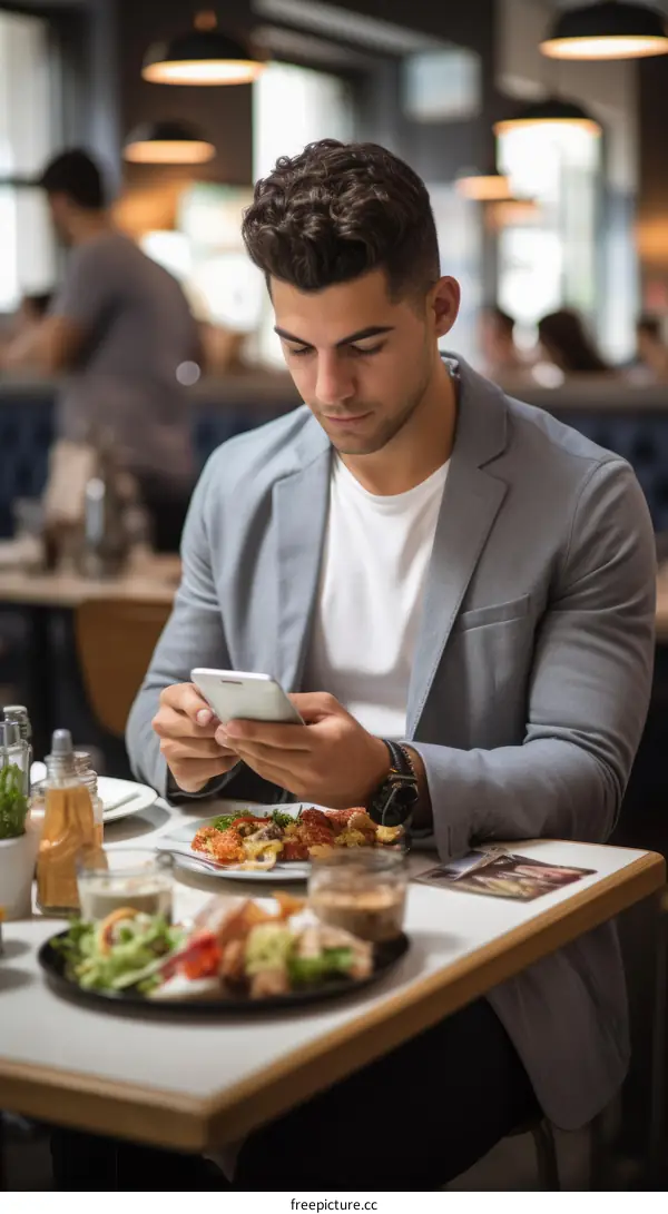 Young man sitting in a restaurant looking at his phone
