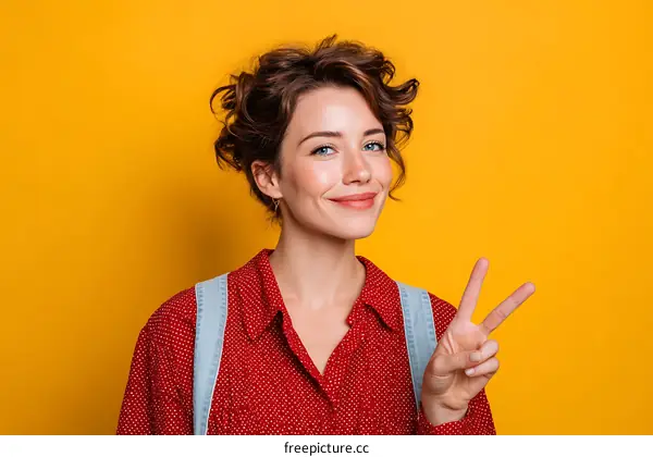 Cheerful Woman Making Peace Sign against a Yellow Background