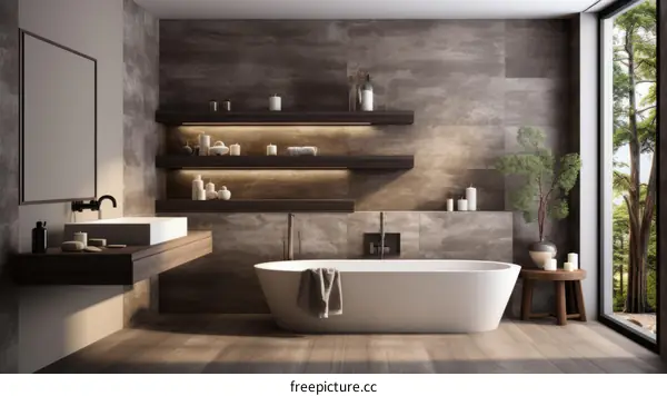Modern Bathroom with Brown Wall Tiles and White Bathtub