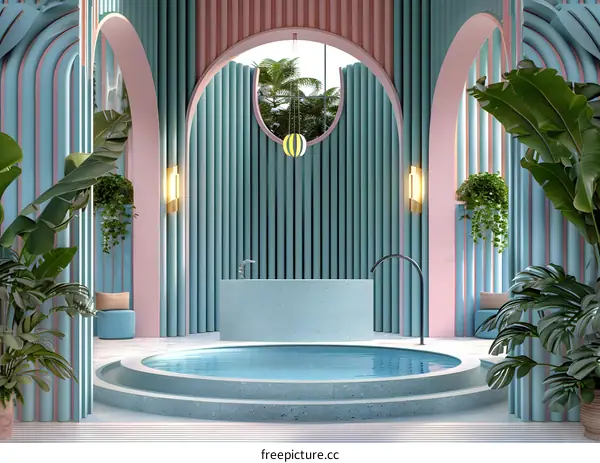 Minimalist Pool Design with Pink and Blue Walls