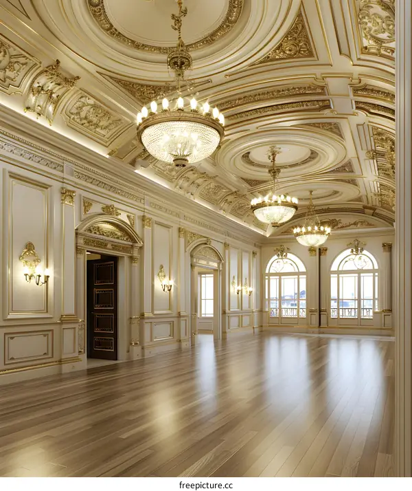 Luxury Interior Design with Gold Trim and Crystal Chandeliers