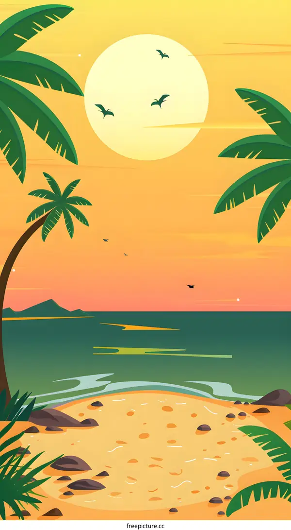 Tropical Beach Sunset Illustration