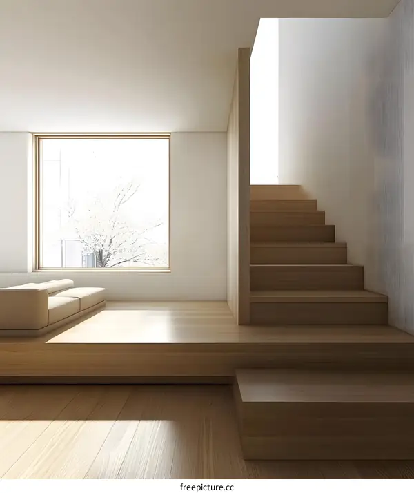 Modern Minimalist Interior Design with Wooden Stairs and a Window View